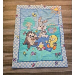 Vintage Looney Tunes Baby Quilt Bugs Bunny Taz Tweety Crib Blanket 90s Nursery